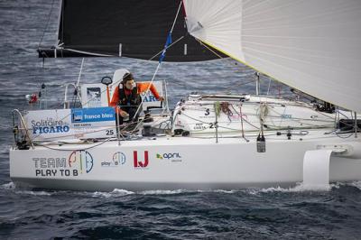 "La regata no se acaba hasta la bocina de meta " El obstáculo final y concluyente en La Solitaire du Figaro es la posibilidad de encalmada al final. "La regata no se acaba hasta la bocina de meta " El obstáculo final y concluyente en La Solitaire du Figaro es la posibilidad de encalmada al final.